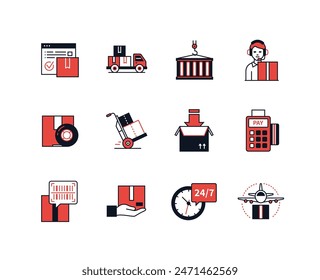 Logistics and delivery - line design style icons set with editable stroke. Transportation, warehouse to door, air and ground transportation, cargo, call center operator, barcode, 24-7 service