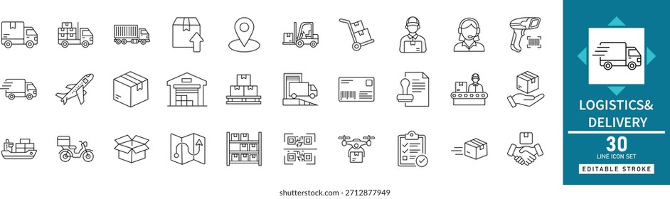Conjunto de iconos de línea de entrega logística con camión de carga de envío, caja de carga de almacén, servicio de distribución de mensajería y símbolos de Vector de mapa de seguimiento de pedidos