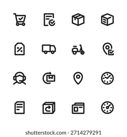 Logística y línea de entrega conjunto de iconos con envío, seguimiento de pedidos, entrega de paquetes, servicio de mensajería, devolución y reembolso, Asistencia al cliente, ubicación e iconos de tiempo.
Ideal para la plataforma de comercio electrónico