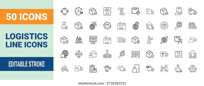 Logística y línea de entrega Icon Set. Conjunto de 50 iconos de esquema incluyendo envío, cadena de suministro, almacén, transporte, comercio global Símbolos