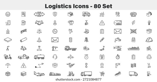 Conjunto de iconos de logística y línea de entrega con símbolos de almacén y transporte de envío
