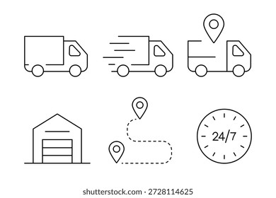 Conjunto de iconos de logística y línea de entrega con camión, almacén, Locación y ruta de envío