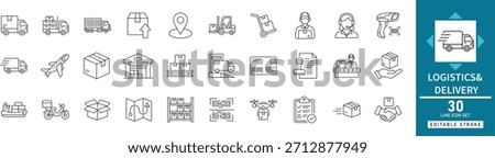 Logistics delivery line icon set featuring shipping cargo truck, warehouse freight box, courier distribution service, and order tracking map vector symbols