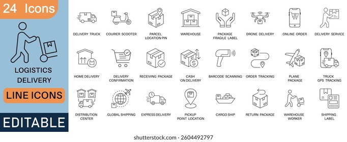 Logistics and delivery line icons set, including delivery truck, courier scooter, warehouse, drone delivery, barcode scanning, order tracking, global shipping, express delivery, and shipping label.