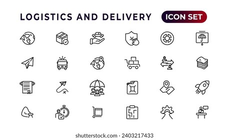 Colección de iconos lineales de logística y entrega.Conjunto de iconos web de línea delgada, colección de iconos de contorno simple, Iconos Pixel Perfect, Ilustración vectorial simple.

