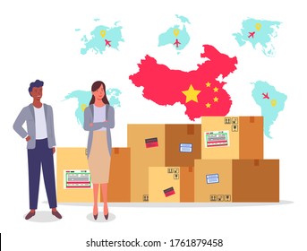 Entrega logística. Hombre y mujer parados cerca de cajas de tarjetas, paquetes internacionales. Servicio de entrega en todo el mundo. Mapa con símbolos de navegación. Pueblo internacional, hombre africano y mujer caucásica