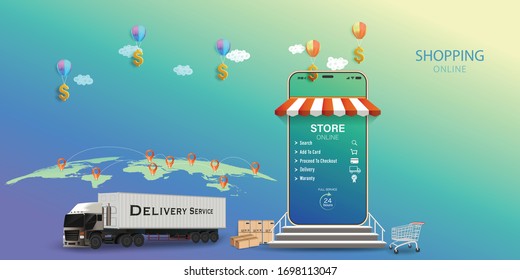 Logistics delivery online service concept, online order tracking,Delivery home and office. City logistics. Warehouse, courier, delivery man on mobile . vector illustration.