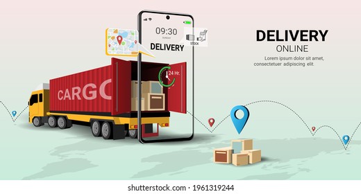 Logistics and delivery online service on mobile, Global logistic, Online order. Truck, warehouse and parcel box. Concept  for website or banner. 3D Perspective Vector illustration