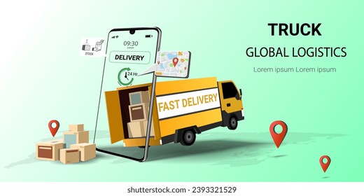 Logistics and delivery online service on mobile. Truck delivery, Global logistic, Online order. Truck, warehouse and parcel box. Concept  for website or banner. 3D Perspective Vector illustration