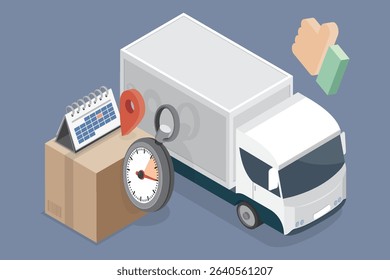 Logistics, delivery and online shopping concept. Delivery van with box, calendar and stopwatch. 3d vector flat isometric Illustration.
