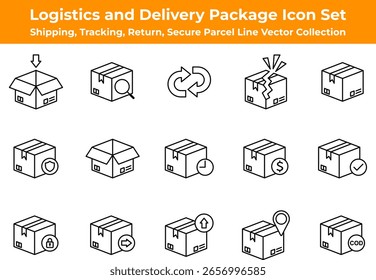 Logistics and Delivery Package Icon Set – Shipping, Tracking, Return, Secure Parcel Line Vector Collection. A modern black line vector icon set featuring delivery and logistics themed icons.