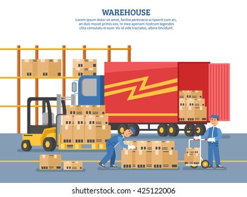 Logistics delivery poster with people who unload truck in warehouse and headline warehouse on top vector illustration