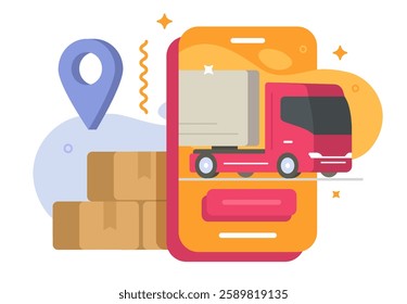 Logistics delivery semi track as cargo freight courier service tracking on mobile cell phone icon vector modern graphic illustration, lorry van postal mail global orders transportation app smartphone