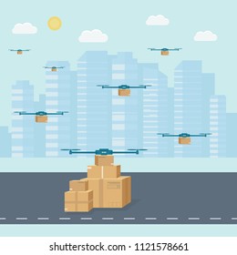 Logistics and delivery service concept:  helicopter with packages, drone delivering box and city background. Postal service creative icons design. Vector flat illustration