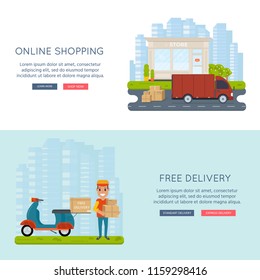Logistics and delivery service concept: motorbike, smiling couriers with packages, scooter, building, truck and city background. Postal horizontal banner design.  Vector flat illustration