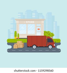 Logistics and delivery service concept: truck, lorry, van with store, shop and city background. Postal service creative banner design. Vector flat illustration