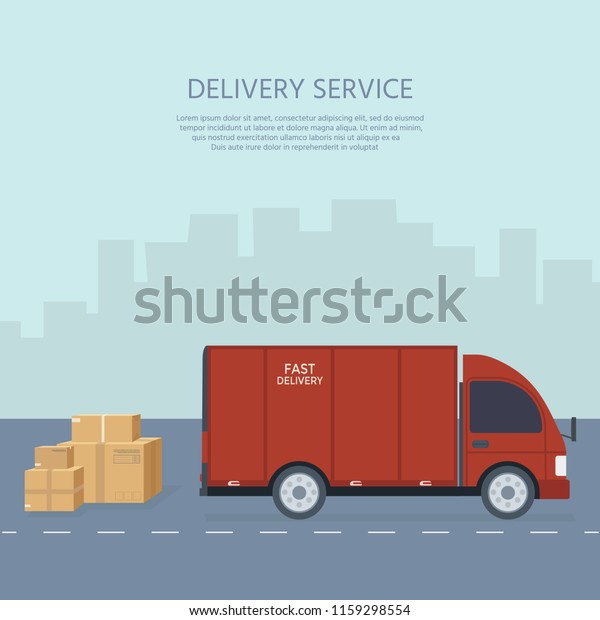 Logistics and delivery service concept:\
truck, lorry, van with store, shop and city background. Postal\
service creative banner design. Vector flat\
illustration