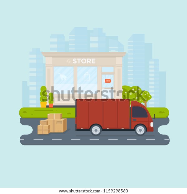 Logistics and delivery service concept:\
truck, lorry, van with store, shop and city background. Postal\
service creative banner design. Vector flat\
illustration