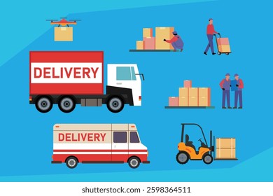 Logistics and Delivery Service Concept — Trucks, Drones, and Warehouse Workers 2d flat vector illustrations