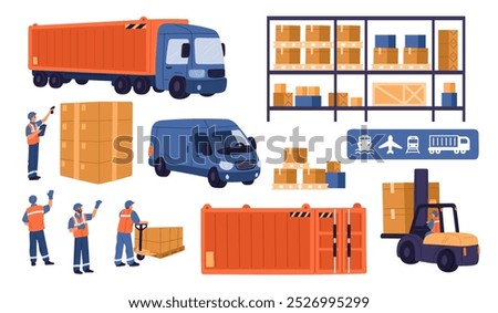 Logistics and delivery service. Loading equipment. Freight transportation. Warehouse workers in uniforms. Trucks and forklifts. Containers loaders. Storehouse rack