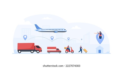 Logistics and delivery service. Order tracking service. Delivery truck plane scooter service. Illustration