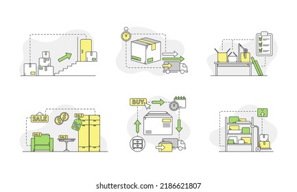 Logistik- und Lieferservice-Set. Objekte im Lager. Verpackung, Verarbeitung, Speicherung, lineare Vektorgrafik