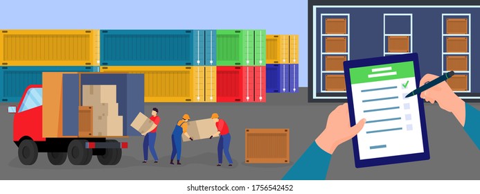 Logistics delivery service vector illustration. Cartoon flat worker hands with delivering list, loader deliverer people loading boxes to truck van, working on warehouse distribution company background - Powered by Shutterstock - Get 15% off with code: PIKWIZARD15
