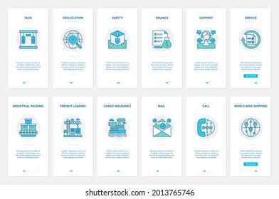 Logistics delivery service, worldwide shipping technology vector illustration. UX, UI onboarding mobile app page screen set with line call center support, industrial cargo freight loading, insurance