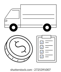 Logística, servicios de entrega, gestión financiera, operaciones comerciales, comercio electrónico y seguimiento de inventario. Cuenta con camión de entrega, moneda de dólar y lista de verificación con marcas de verificación. Logística