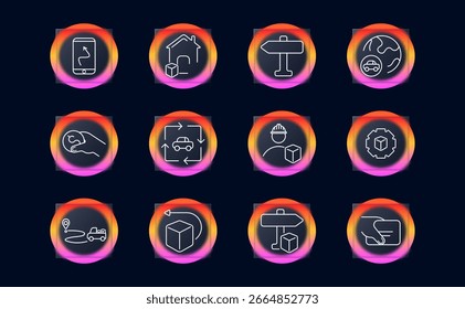 Icono de conjunto de entrega de logística. Iconos delineados del mapa del teléfono, paquete, globo, almacén, retorno, mensajero, flechas de seguimiento dentro de círculos brillantes del gradiente en el fondo oscuro.