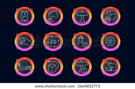 Logistics delivery set icon. Outlined icons of phone map, package, globe, warehouse, return, courier, tracking arrows inside glowing gradient circles on dark background.