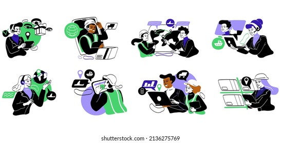 Logistics and delivery set. Men and women accept and process user orders, sort at warehouse and send to address. Software for delivery. Cartoon flat vector collection isolated on white background