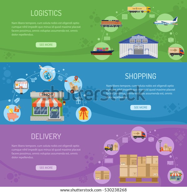 Logistics delivery and shopping Horizontal\
Banners with Flat Icons delivery, warehouse, storage and online\
shopping. vector\
illustration