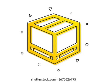  Signo de entrega logística. Icono del cuadro de paquete. Símbolo de seguimiento de paquetes. Patrón de círculos amarillos. Icono de caja de entrega clásica. Elementos geométricos. Vector