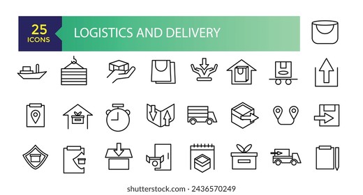 Logística y entrega Conjunto simple de iconos de línea de vectores relacionados con la entrega. Contiene iconos como envío prioritario, entrega urgente, orden de seguimiento y más.