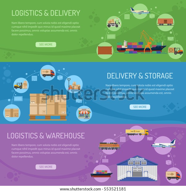 Logistics\
delivery and storage Horizontal Banners with Flat Icons delivery,\
warehouse and storage. vector\
illustration