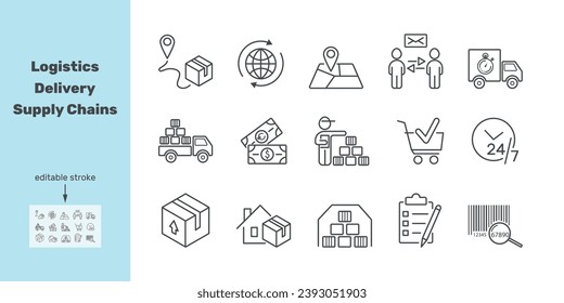 Logistics, Delivery, Supply Chains line icon set. Worldwide address delivery, parcel, payment, control, accounting, money, barcode, 24,7 vector illustration. Editable stroke