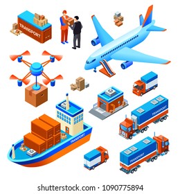 Logistics delivery transport vector illustration cargo ship or freight airplane and drone delivering parcel or truck. Isometric warehouse transportation and courier isolated icons for infographic