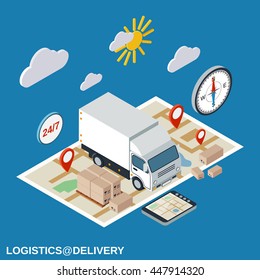 Logistics, delivery, transportation flat isometric vector concept illustration