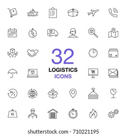 Logistics, delivery, transportation thin line vector icon set.
