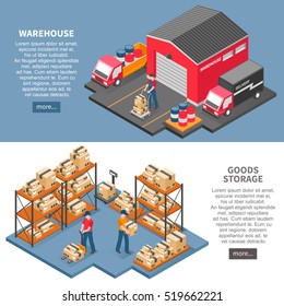Logistics And Delivery Two Horizontal Banners With  Warehouse And Goods Storage Isometric Compositions Flat Vector Illustration