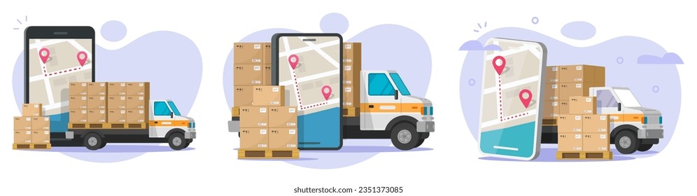 Logistics delivery van 3d truck transport vector service via mobile cell phone city map track location app flat graphic illustration, courier freight cargo order shipment on smartphone image set