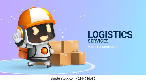 Diseño vectorial de entrega logística. Mensajes de texto de los servicios de logística con carácter auxiliar de mascota de entrega de robots con elemento de cajas para mensajero de negocios. Ilustración vectorial.
