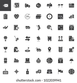 Logistics and delivery vector icons set, modern solid symbol collection, filled style pictogram pack. Signs, logo illustration. Set includes icons as cardboard, package, parcel, fragile, cargo