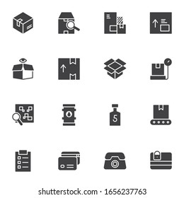 Logistics delivery vector icons set, modern solid symbol collection, filled style pictogram pack. Signs, logo illustration. Set includes icons as cardboard box, parcel conveyor belt, purchase trucking