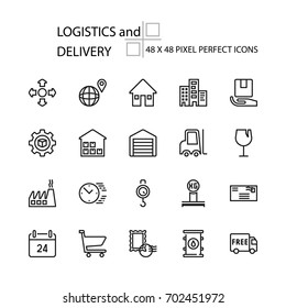 LOGISTICS and DELIVERY vector illustration thin line 48x48 Pixel Perfect 20 icon set for business, customer, transport, logistics, distribution, finance, information, shipment, parcel. Editable Stroke