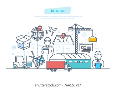 Logistics, delivery. Vehicles, navigation gps. Transportation services, trucking, shipping. Order goods in store, smart logistics and fast delivery. Illustration thin line design of vector doodles.