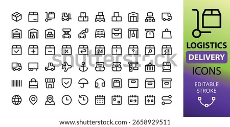 Logistics, delivery and warehouse line UI icons for web and app.