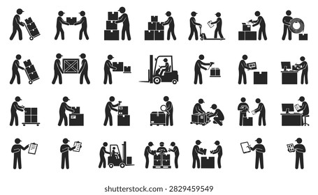 The logistics, delivery, and warehouse management process consists of 30 icons representing employees in various roles.