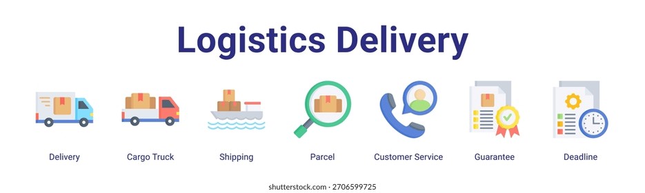 Logistik Lieferung Web-Banner-Symbol Vektorgrafik-Konzept mit Lieferung, Cargo Truck, Versand, Paket, Kundendienst, Garantie und Frist in einem Kollektions-Set.